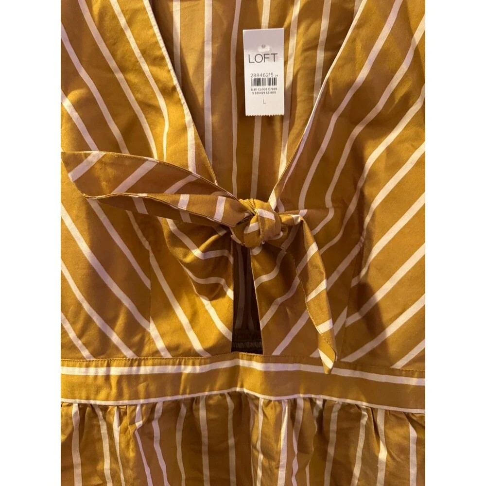 NWT LOFT Mustard White Striped Tie Front Peplum Top Sz L Coastal Resort Boho
